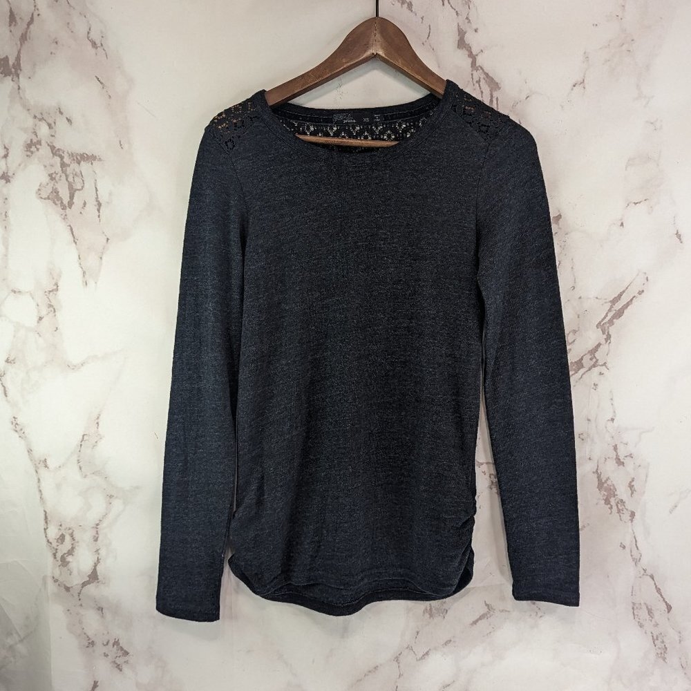 Prana Shirt Womens XS Gray Long Sleeve Tee Crochet Lace Ruched Organic Cotton